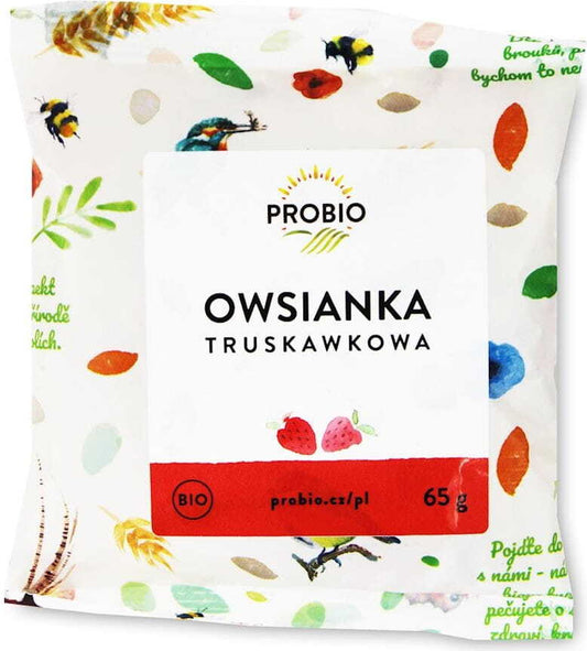 Bio Erdbeerbrei in 65 g Packung von PROBIO, zeigt fruchtigen Erdbeerbrei mit frischen, natürlichen Erdbeeren.