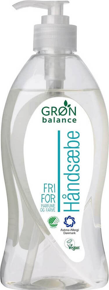 Flüssige Handseife von GRON BALANCE in 500 ml Flasche, zeigt eine weiße Seifenspenderflasche mit grünem Label.