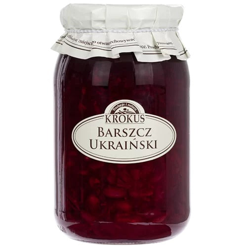 Ukrainischer Borschtsch von KROKUS in einer 900g Dose, cremige Rote-Bete-Suppe mit frischen Zutaten, servierbereit.
