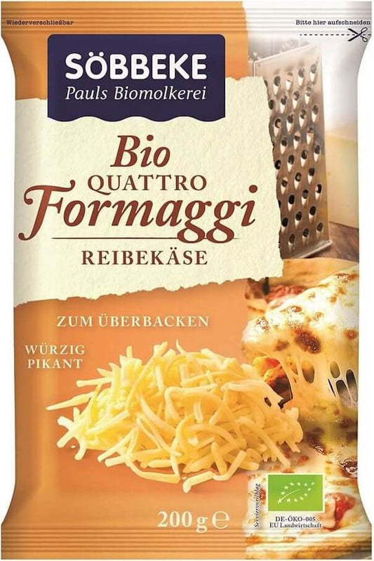 Mischung aus vier geriebenen BIO-Käsesorten, SOBBEKE, 200 g, mit 48 % Fett in der Trockenmasse, in einer Verpackung.
