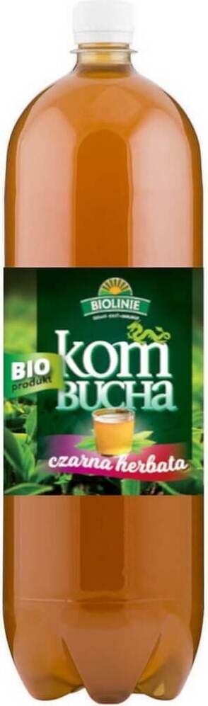 Bio Schwarztee Kombucha in 2-Liter-Flasche von BIO LINIE, erfrischendes Getränk mit schwarzem Tee, natürlich und biologisch.