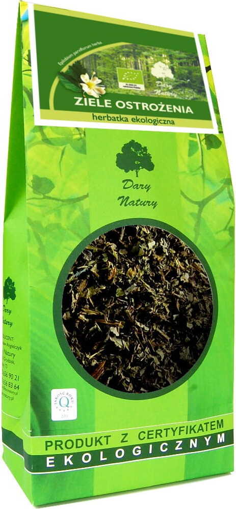 Bio-Kräutertee von DARY NATURY in 100 g Verpackung, zeigt eine Tasse mit frischen Kräutern und Bio-Zutaten.