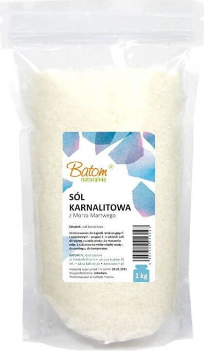 Badezusatz Carnallit Badesalz von BATOM in 1 kg Verpackung, entspannende Badewasser mit Mineralien, natürliche Pflege.