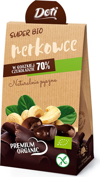 Glutenfreie Cashewnüsse in Zartbitterschokolade von DOTI, Bio-Qualität, 60 g, Nahaufnahme der Schokoladenüberzogenen Nüsse