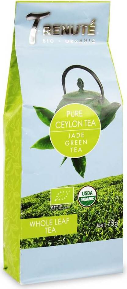 Reiner grüner Ceylon-Bio-Tee von T'RENUTE in 75 g Verpackung, zeigt lose Teeblätter in einer stilvollen Verpackung