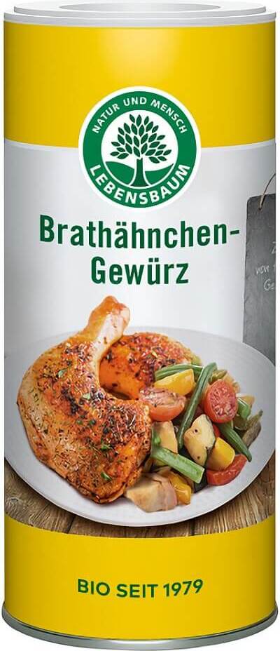 BIO Brathähnchen Gewürz von LEBENSBAUM in 110 g Dose, close-up auf der Gewürzverpackung mit Kräutern und Gewürzen.