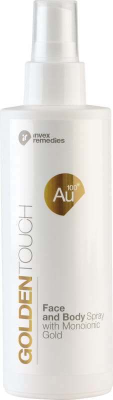 Gesichts- und Körperspray mit Goldentouch von INVEX REMEDIES, Monoionic, 200ml, sprayflasche auf weißem Hintergrund