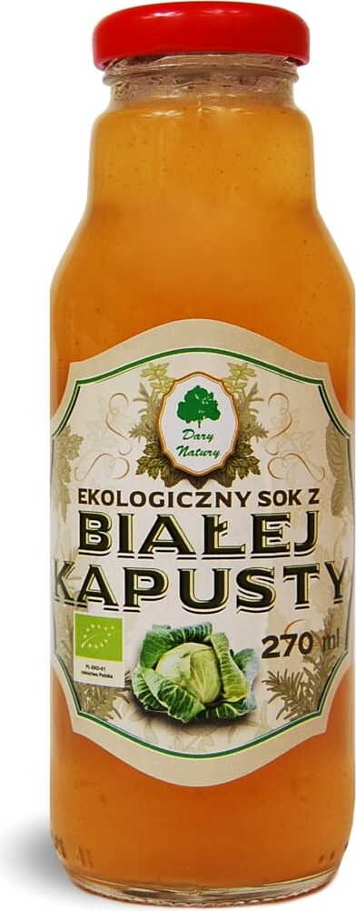 Bio Weißkohlsaft von DARY NATURY in einer 270 ml Flasche, frisch und naturbelassen, zeigt die klare Flüssigkeit in der Flasche.