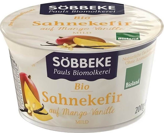 Cremiger Bio-Mangokefir mit Vanillegeschmack von SOBBEKE, 200 g, zeigt die cremige Konsistenz und Vanillearoma in der Verpackung