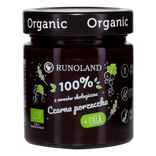 Bio schwarzer Johannisbeer-Chiasamen-Snack von RUNOLAND, süß und nährstoffreich, in 328 g Packung auf dem Bild.