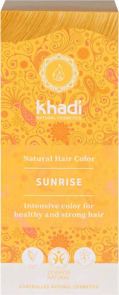 Hennafarben in Sonnenblond von biogo, zeigt ein Henna-Pulver in einer offenen Schachtel auf weißem Hintergrund