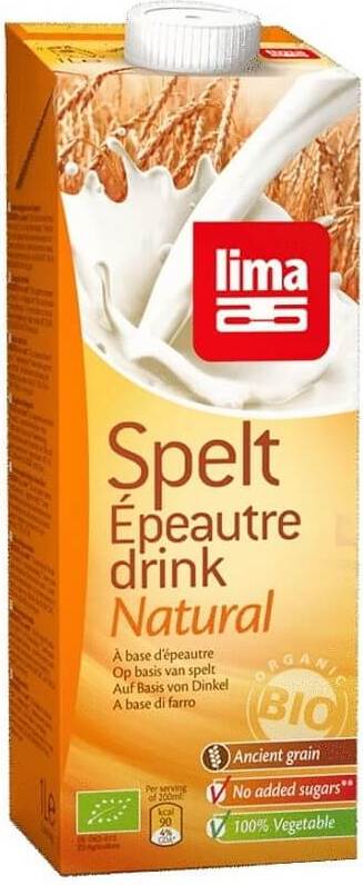 BIO Dinkelgetränk von LIMA in 1000 ml Flasche, cremiges Getreidegetränk aus Dinkel, sichtbare Flasche und Etikett