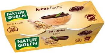 Bio Haferdessert mit Kakao von NATURGREEN, 2 x 125 g, cremige pflanzliche Süßspeise in Schüssel mit Kakaopulver.