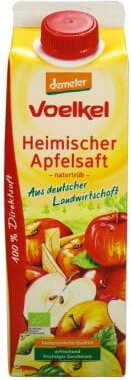 Demeter Bio Apfelsaft von VOELKEL in 1000 ml Flasche, frisch und natürlich, zeigt die Flasche mit Apfelsaft im Bild