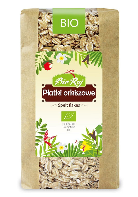 Bio Dinkelflocken von BIO RAJ, 350 g, nährstoffreiche, glutenfreie Haferflocken in einer transparenten Verpackung.