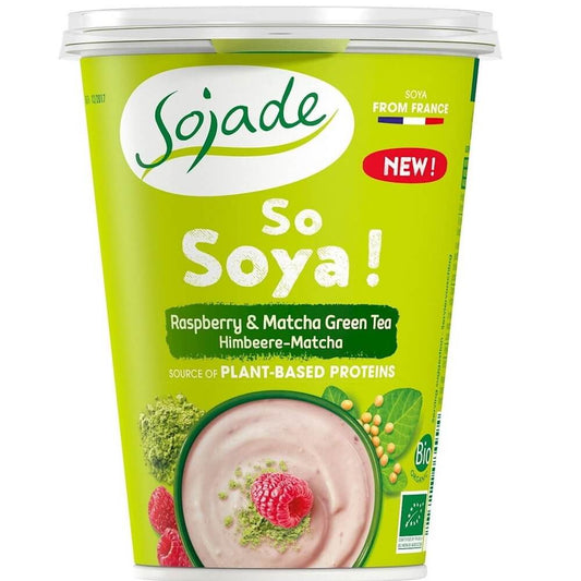 Bio Himbeer-Sojaprodukt mit Matcha, glutenfrei, 400 g von SOJADE, zeigt die Verpackung mit Himbeeren und Matcha-Pulver.