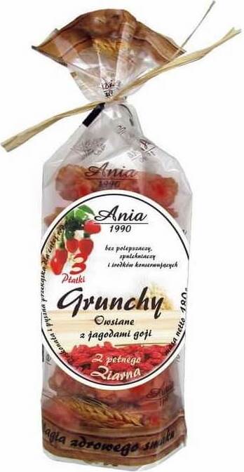 Hafergrütze mit Gojibeeren von ANIA in einer 180 g Packung, zeigt die Getreideflocken mit roten Gojibeeren.