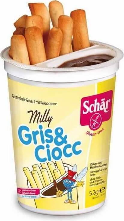 Glutenfreie Milly Gris & Ciocc Schokosticks von SCHAR, 52 g, mit Schokoladenüberzug und knuspriger Textur.
