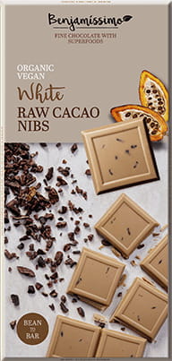 Glutenfreie vegane weiße Schokolade mit zerkleinerten Kakaobohnen BIO 70 g HAPPY BENJAMINO