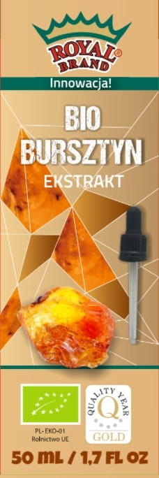 Bio Bernsteinextrakt in Tropfen von ROYAL BRAND, 50 ml Flasche, zeigt die Tropfen in einer dunklen Glasflasche auf weißem Hintergrund.