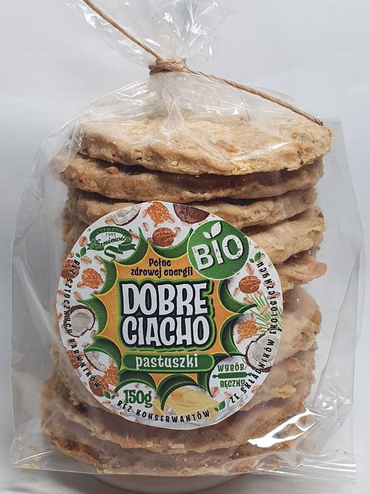 BIO Schäferkekse, 150 g, süße Kekse der Marke CUKIERNIA ZANIEWICZ, auf einem Teller mit Keksen.