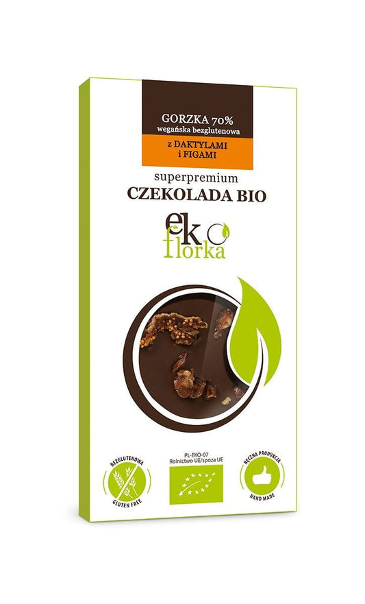 Bio glutenfreie EKOFLORKA Premium-Bitterschokolade mit Datteln und Feigen, 85 g, zeigt die Schokolade mit Früchten in der Verpackung