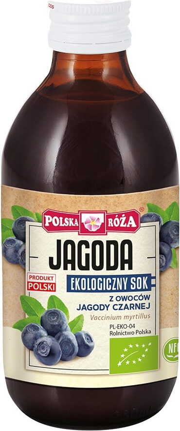 Bio Heidelbeersaft von POLSKA RÓŻA, 250 ml Flasche mit frischen, dunklen Heidelbeeren für gesunden Genuss.