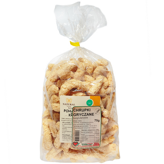 Knusprige Buchweizenchips von BJOS, 75g, natürliche Snack-Alternative, goldbraun und geröstet auf einem weißen Teller.