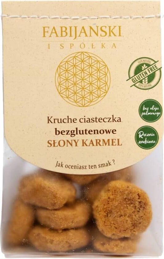 Glutenfreie salzige Karamellkekse von FABIJAŃSCY, Bio-Qualität, 100 g, knusprige Kekse mit Karamellgeschmack.