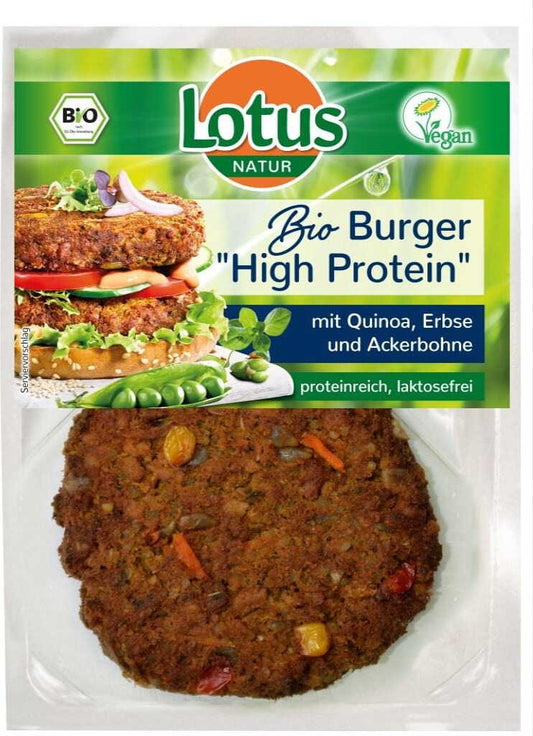Gemüseburger mit Quinoa BIO von LOTUS, 150 g, geformt und frisch präsentiert auf weißem Hintergrund.