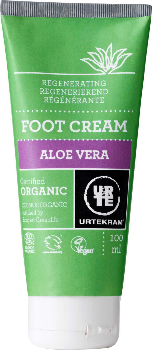BIO Aloe Fußcreme von URTEKRAM in 100 ml Flasche, zeigt die Creme in einem weißen Tiegel mit Aloe Vera Pflanze.