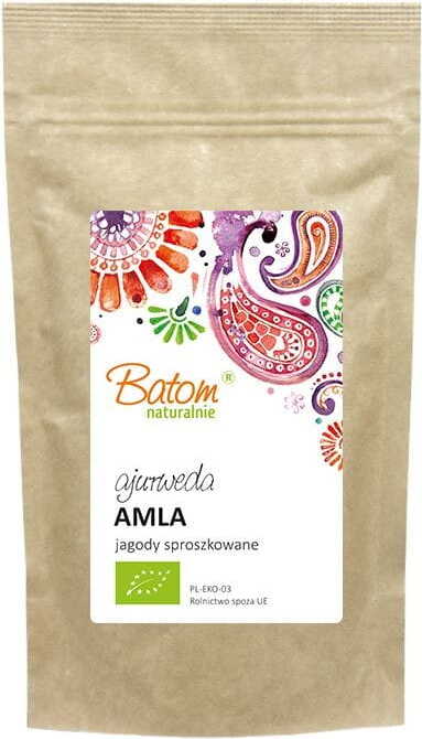 Pulverisierte Amla-Frucht BIO von BATOM, 100 g, in einer transparenten Verpackung, zeigt das feine grüne Pulver.