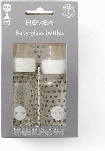 Glasflasche mit Gumminippel, weiß, 0 - 3 Monate, 120 ml (2 Stück) - HEVEA