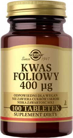 Folsäure 400 µg Tabletten von SOLGAR, 100 Stück, Nahaufnahme der Packung mit blauer Verpackung und Tabletten.