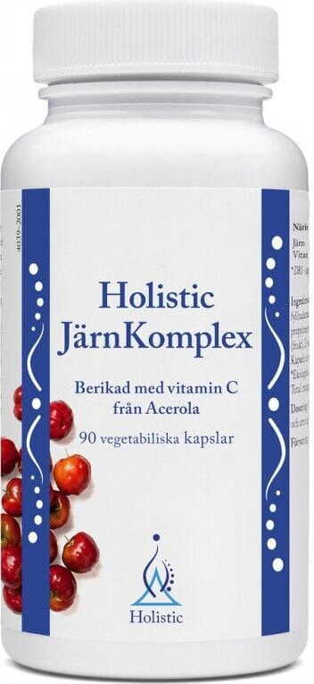 Eisen-Järnkomplex 25mg, 90 Kapseln von HOLISTIC SWEDEN AB, zeigt die Verpackung und Kapseln des Nahrungsergänzungsmittels