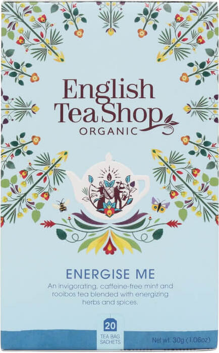 Bio Energize me Tee von ENGLISH TEA SHOP, lose Teeblätter in einer transparenten Verpackung, aromatischer Kräutertee in 30 g Packung