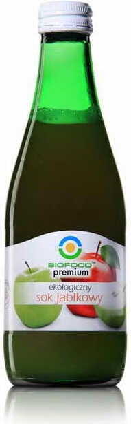 Biologischer Apfelsaft BIO 300 ml von BIOFOOD in einer transparenten Flasche mit rotem Verschluss.