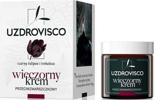 Antifalten-Nachtcreme mit schwarzer Tulpe und Trehalose von UZDROVISCO, 50 ml, cremige Textur in einem Pumpspender.
