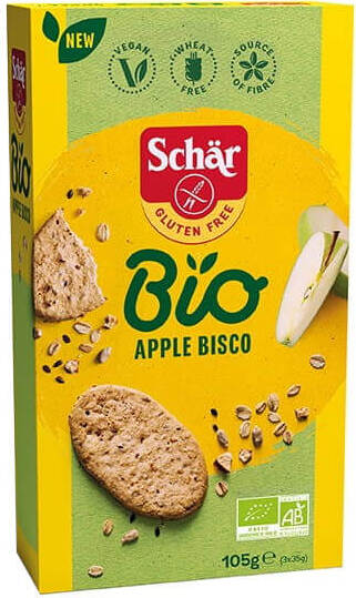 Glutenfreie Apfelbisco Plätzchen mit Hafer und Apfel von SCHAR BIO, 105 g, auf weißem Hintergrund.