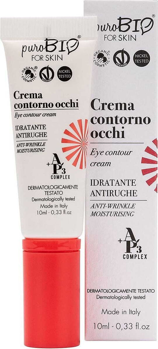 Feuchtigkeitsspendende Augencreme von PUROBIO in 10 ml Flasche, gegen Falten und Augenringe, mit pflegender Textur.