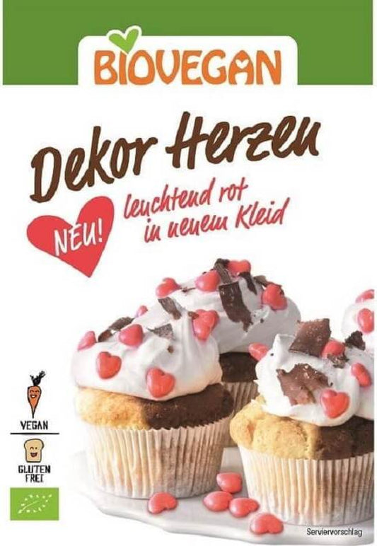 Rote Herz-Dekostreusel von BIO VEGAN, glutenfrei und bio, auf weißem Hintergrund, 35 g Verpackung, veganer Dekorationsstreusel
