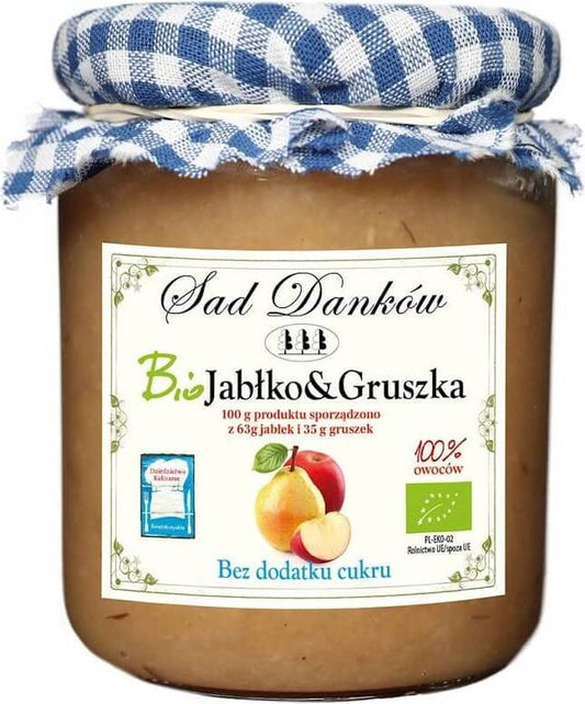 Bio Apfel und Birne von SAD DANKÓW, 260 g, frisches Obst in einer Verpackung, sichtbar in der Abbildung.