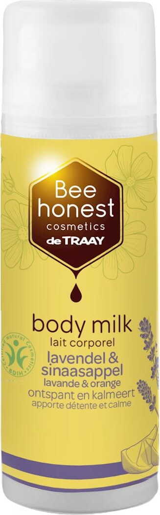 Eco Lavendel und Orange Body Milk von BEE HONEST in 150 ml Flasche, zeigt die Produktverpackung mit Lavendel- und Orangendüften.