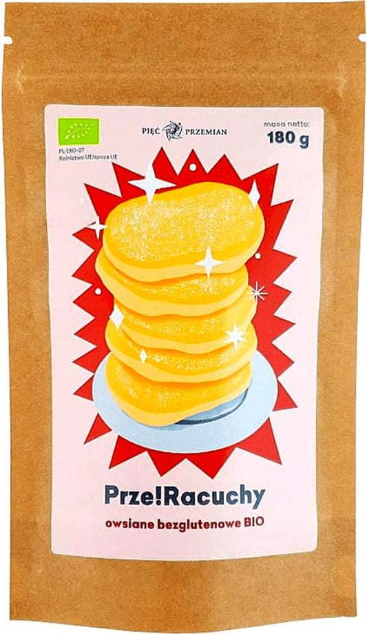 Bio glutenfreie Haferpfannkuchenmischung von PIĘĆ PRZEMIAN, 180 g, mit frischen Haferflocken und natürlichen Zutaten.