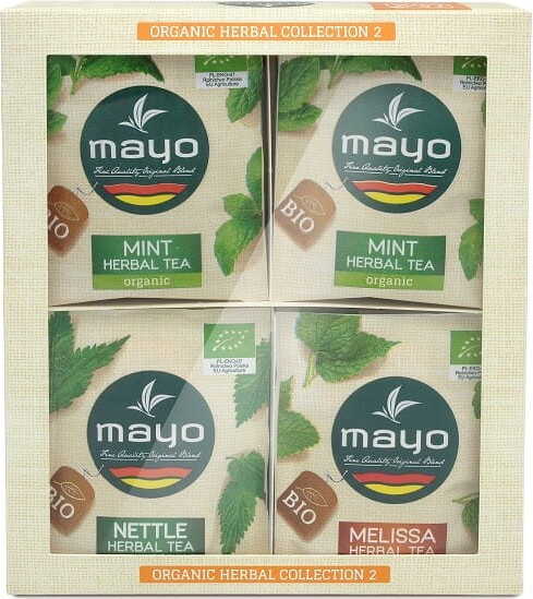 Bio-Kräutertee-Set von MAYO mit 15 Packungen à 175 g und 5 kleine Packungen, insgesamt 3375 g, verschiedene Kräutertees in Gläsern