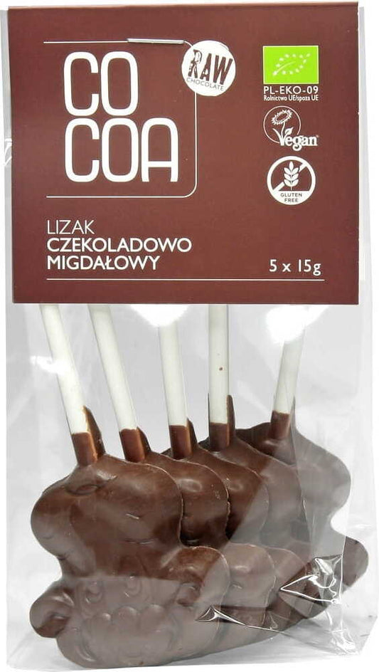 Glutenfreie Schokoladen- und Mandellutscher BIO von COCOA, 75 g, mit Schokolade und Mandeln in Packung auf weißem Hintergrund