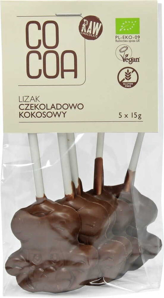 Glutenfreier Schokoladen-Kokos-Lutscher von COCOA, bio, 5 Stück à 15 g, mit Schokolade und Kokosgeschmack