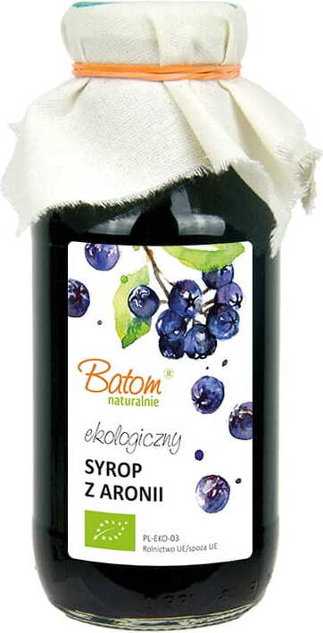 Bio Aroniasirup von BATOM in 330 ml Flasche, dunkler Saft mit Aroniabeeren, ideal für Getränke und Desserts.