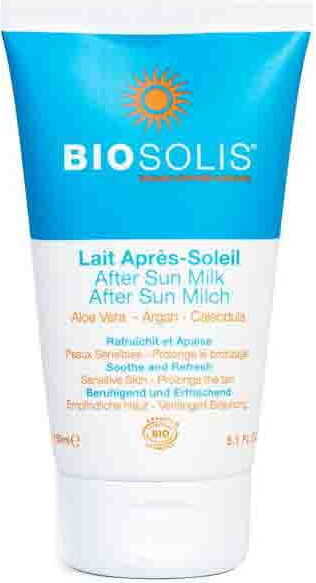 Eco After Sun Milch von BIOSOLIS, 150 ml, pflegende After Sun Lotion mit natürlicher Formel, zeigt die cremige Textur in der Flasche.