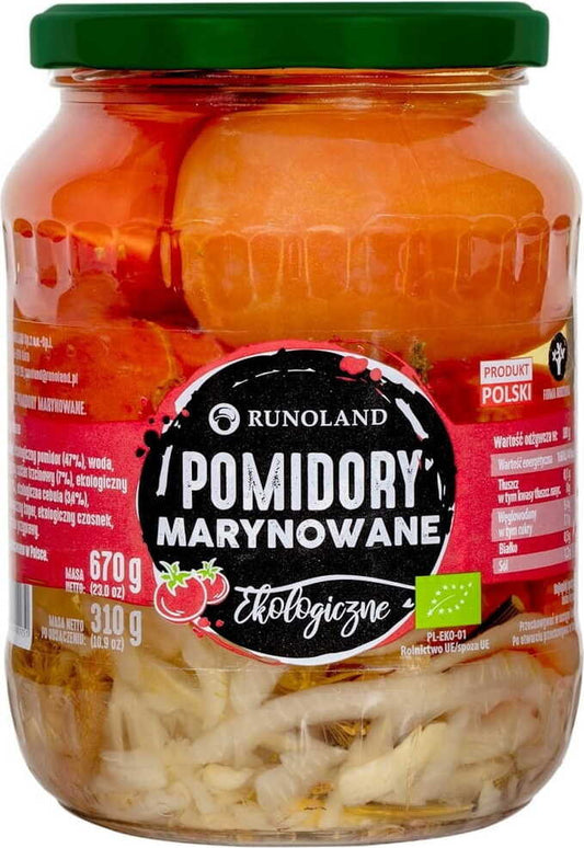 Eingelegte Bio-Tomaten von RUNOLAND in einer 680 g Packung, frisch und aromatisch, in einem Glasbehälter sichtbar.